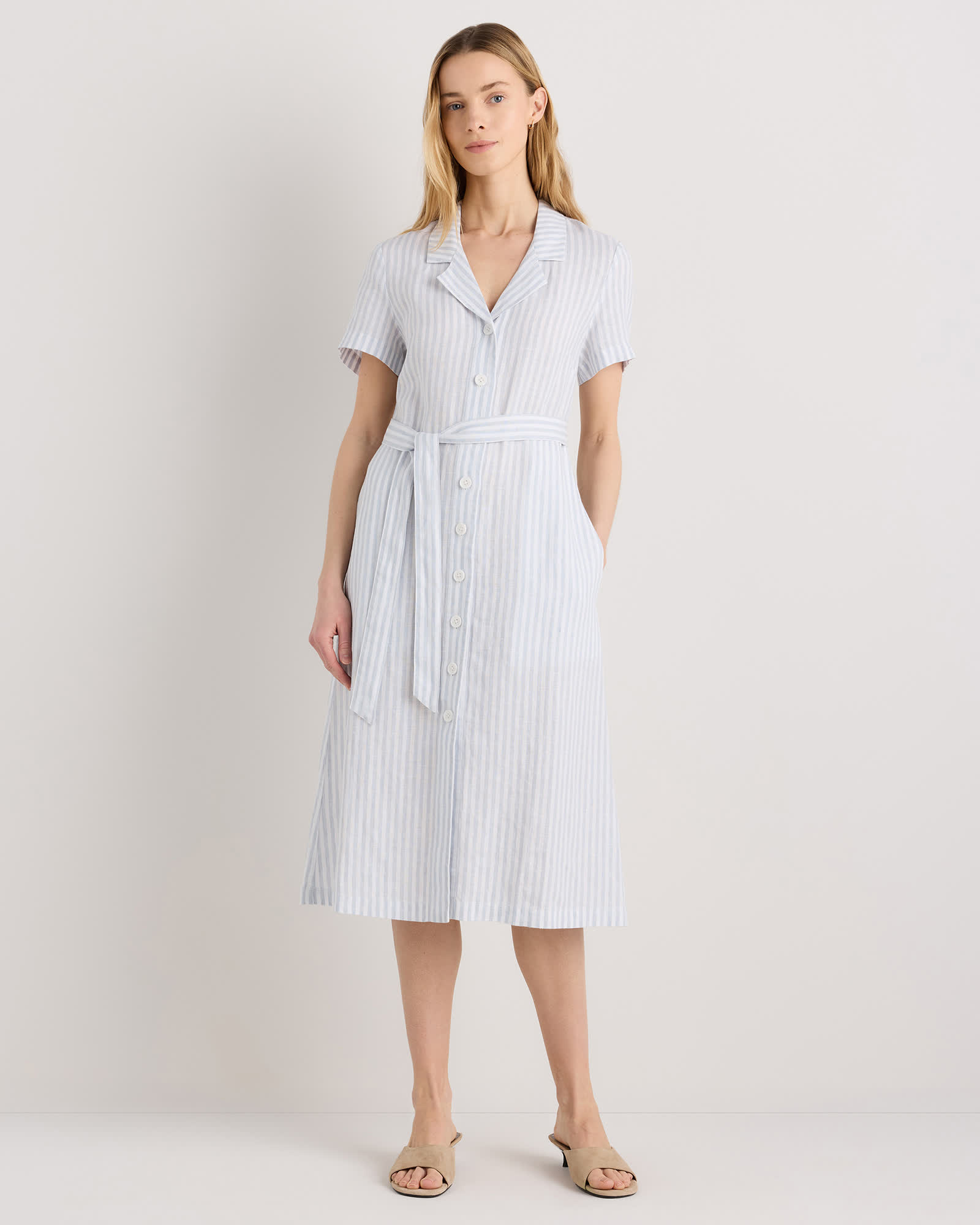 The European Linen Chambray Dress in Sky Blue Mariner Stripe