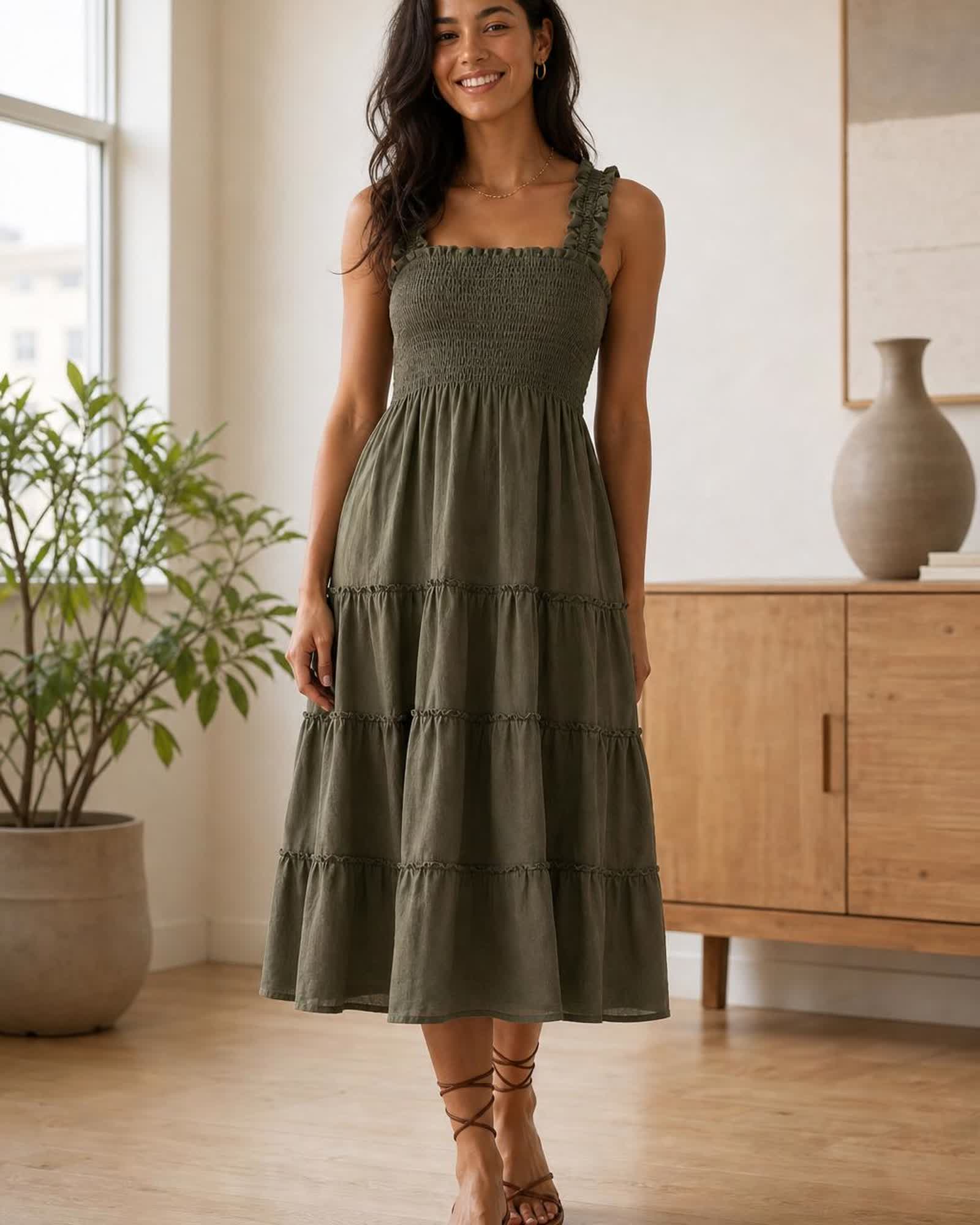The European Linen Chambray Midi Dress in Bayberry Olive