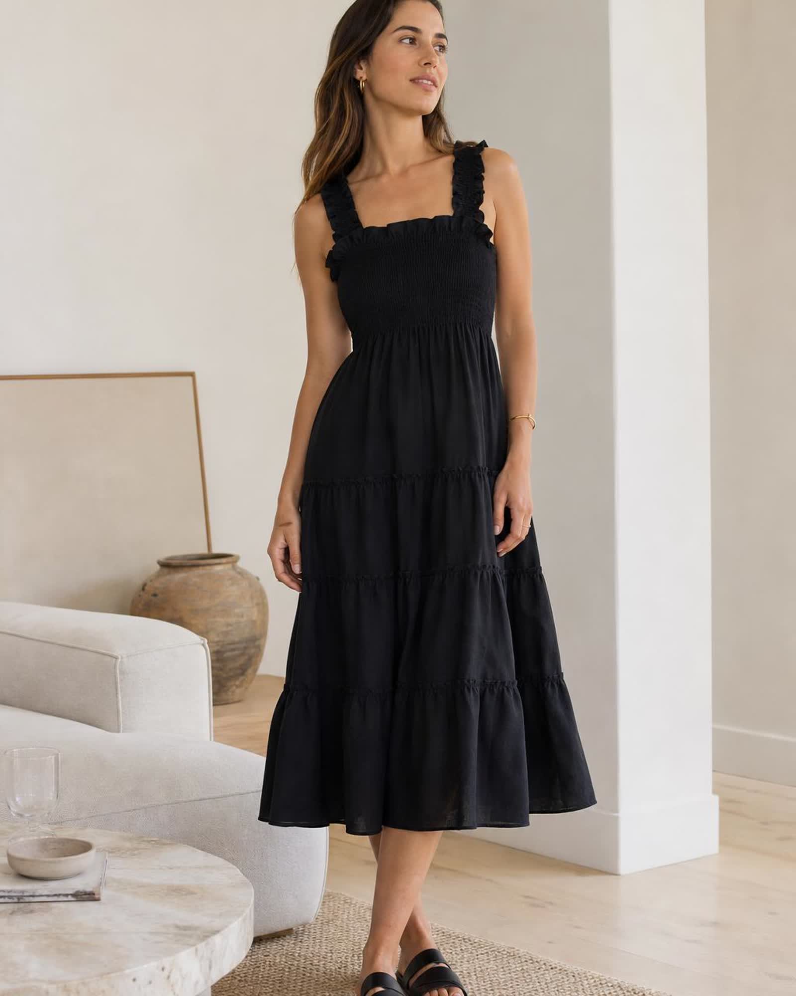 The European Linen Chambray Midi Dress in Black