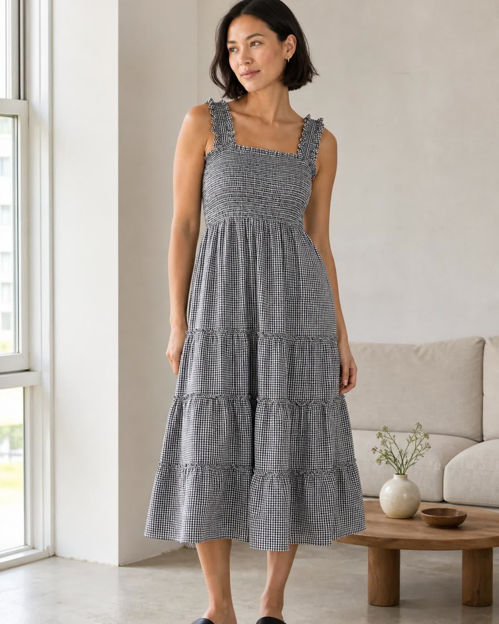 The European Linen Chambray Midi Dress in Classic Mini Gingham