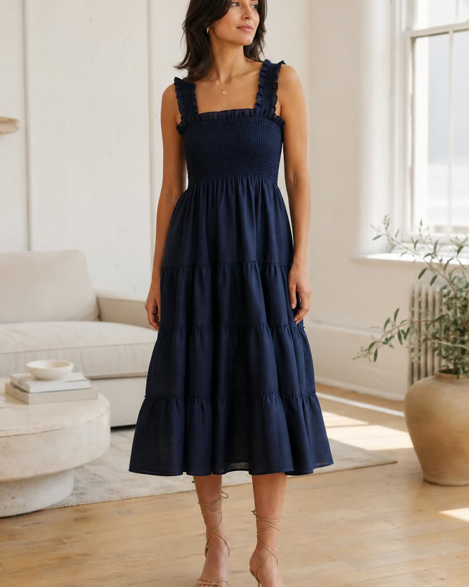 The European Linen Chambray Midi Dress in Deep Navy