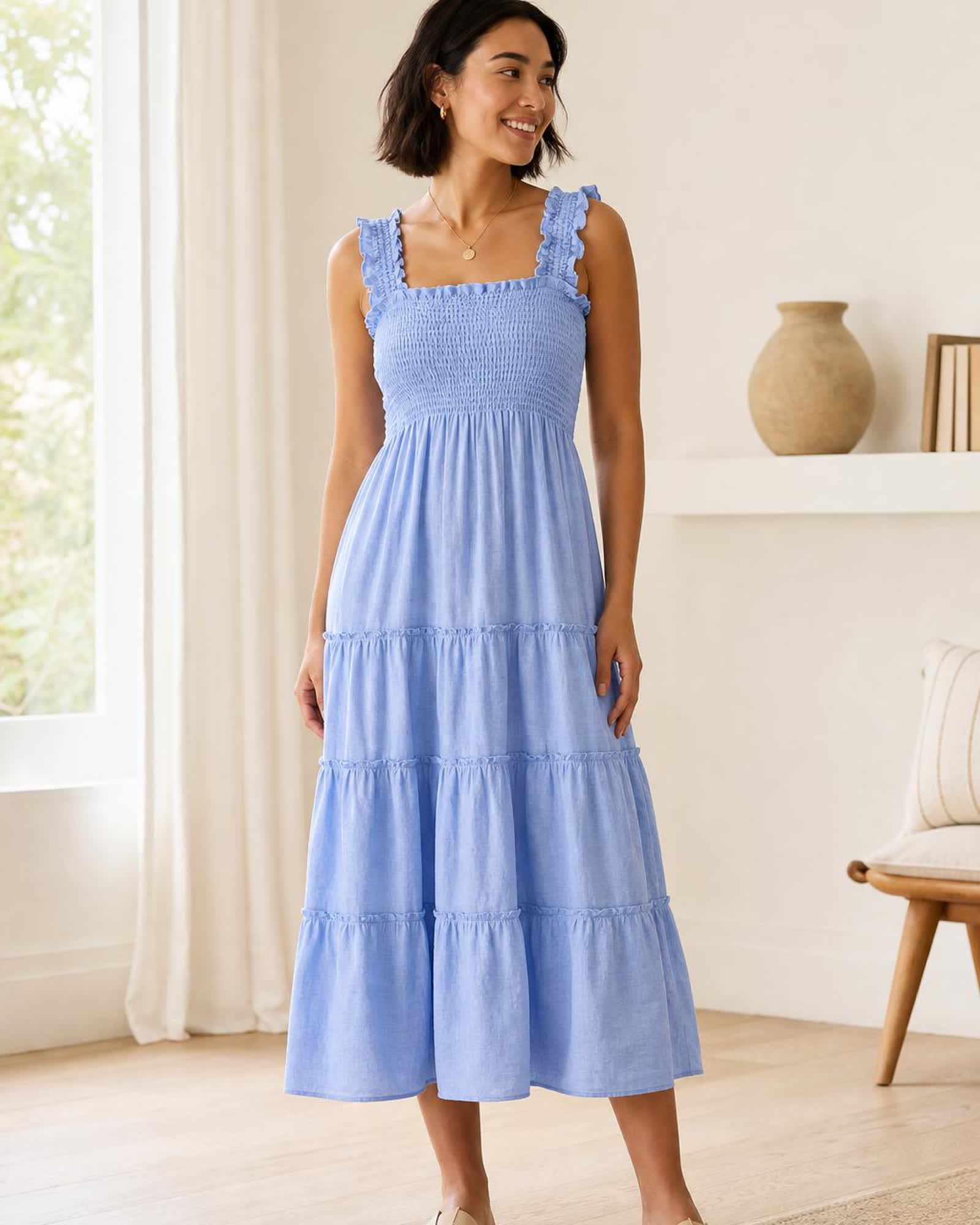 The European Linen Chambray Midi Dress in French Blue