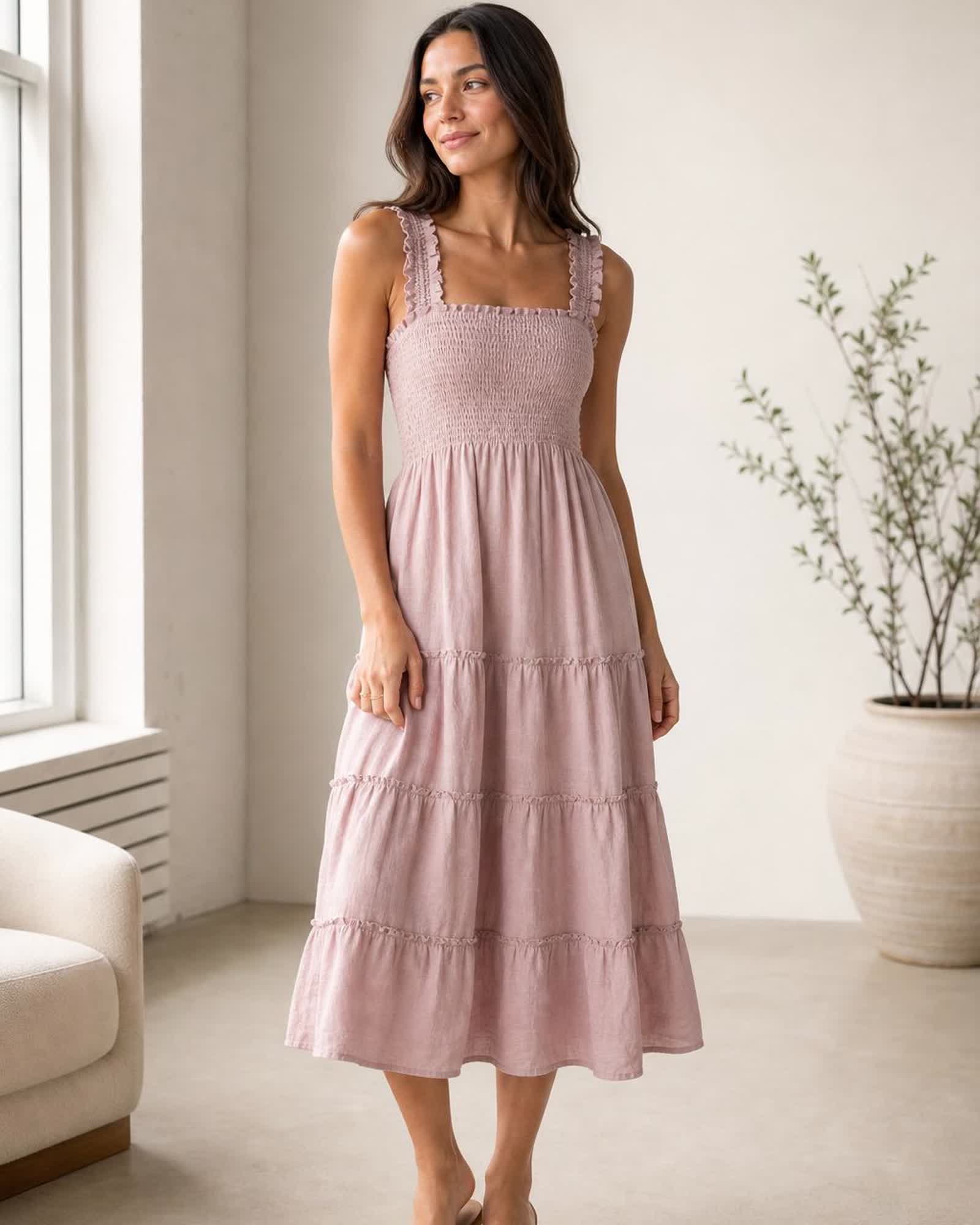 The European Linen Chambray Midi Dress in Vintage Pink Chambray