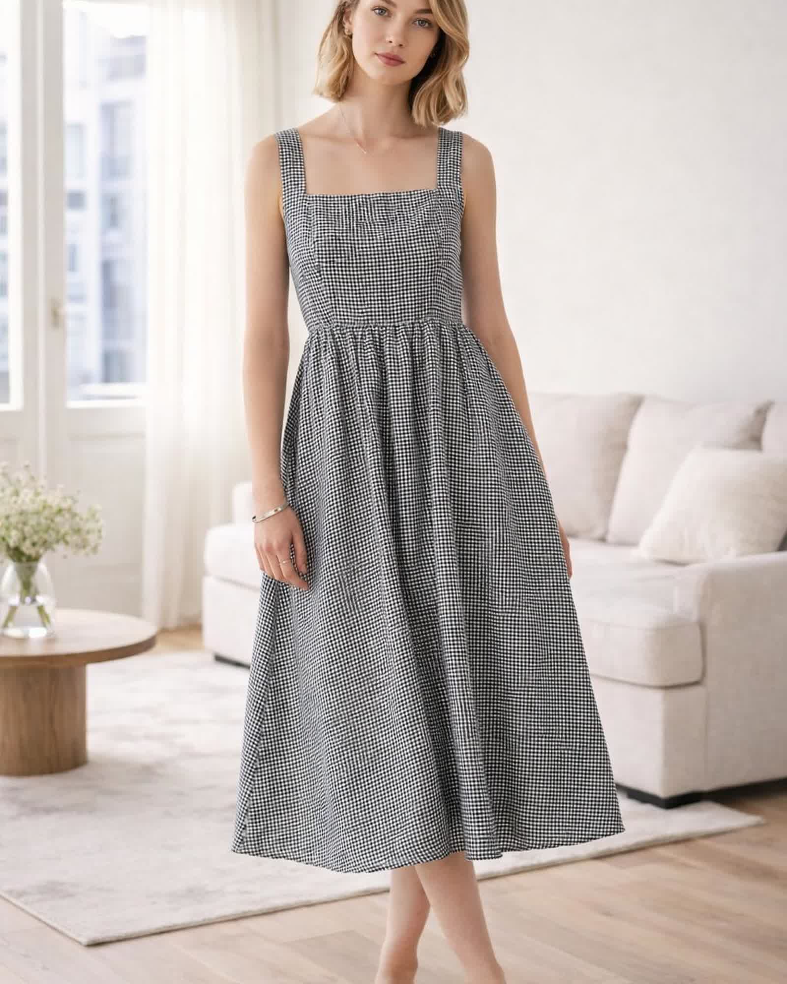 The European Linen Fit & Flare Midi Dress in Classic Mini Gingham