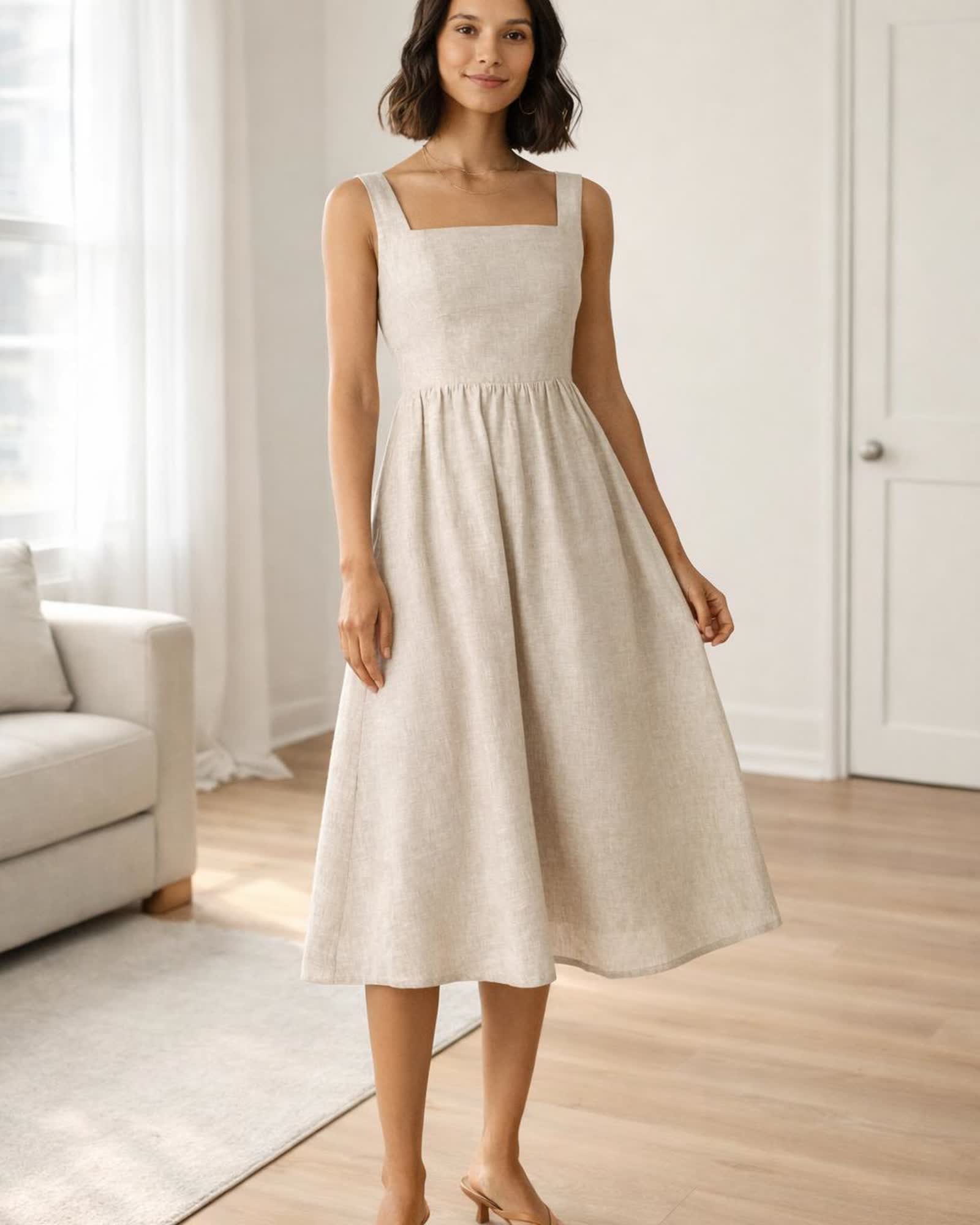 The European Linen Fit & Flare Midi Dress in Flax