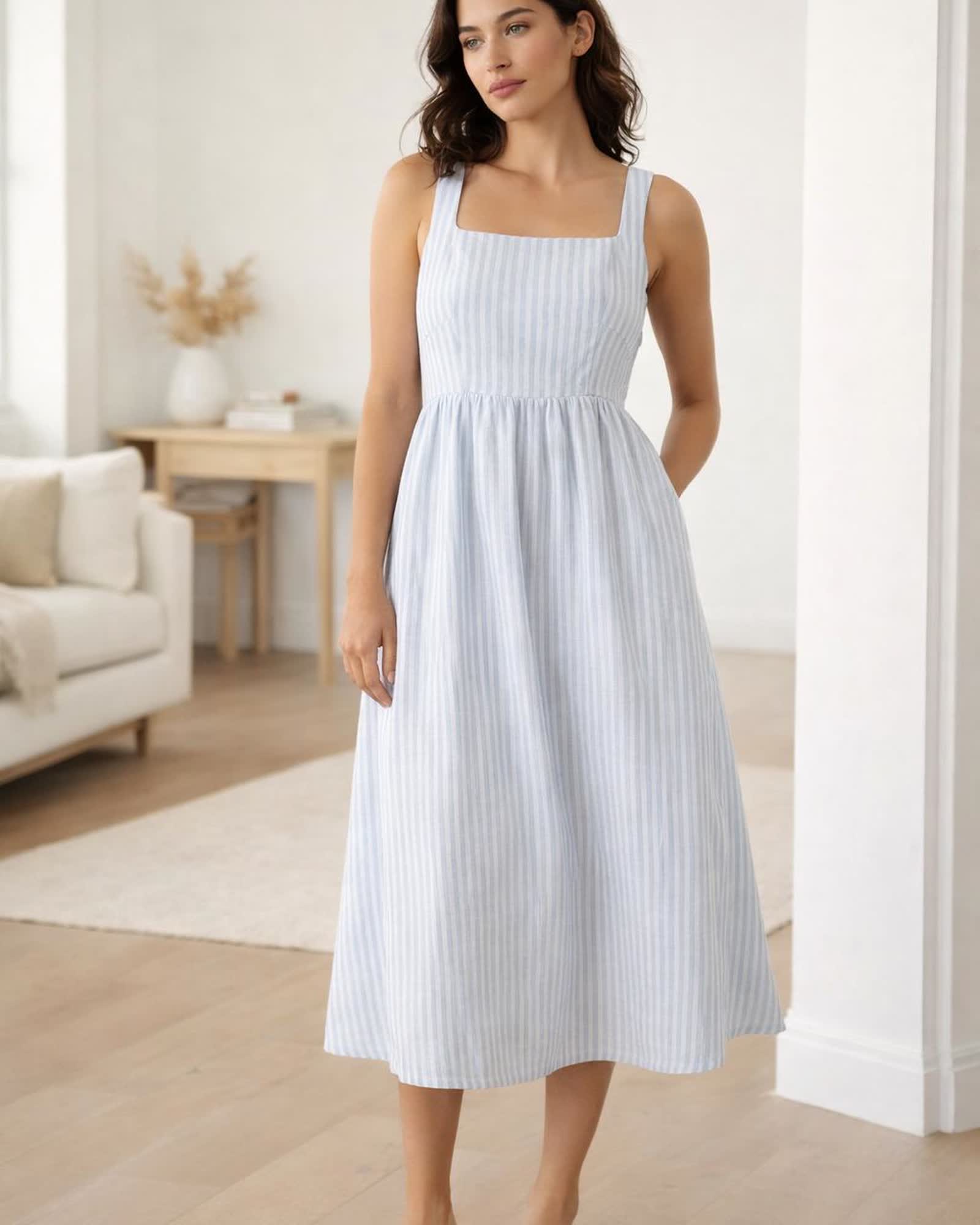 The European Linen Fit & Flare Midi Dress in Sky Blue Mariner Stripe