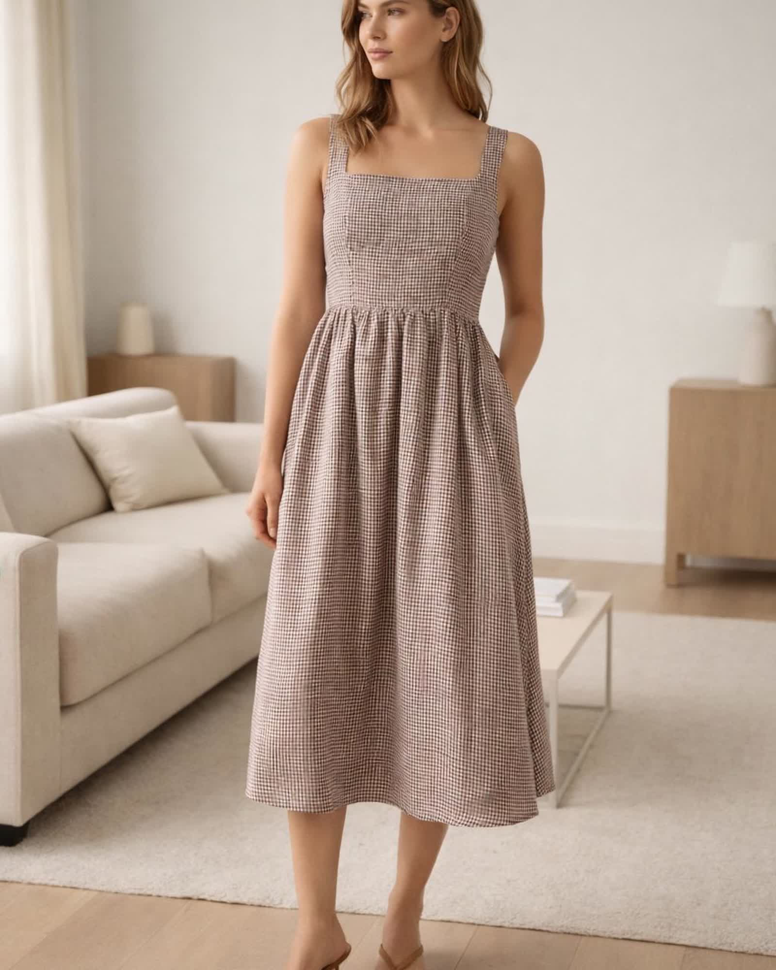 The European Linen Fit & Flare Midi Dress in Taupe Brown Gingham
