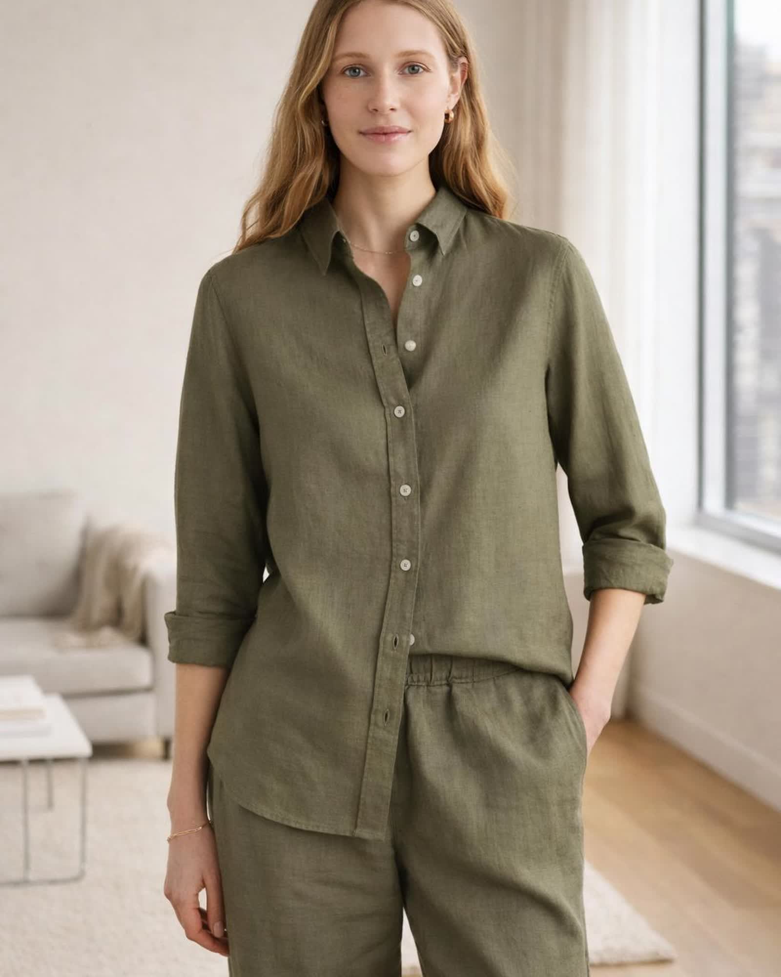 The European Linen Long Sleeve Shirt in Bayberry Olive