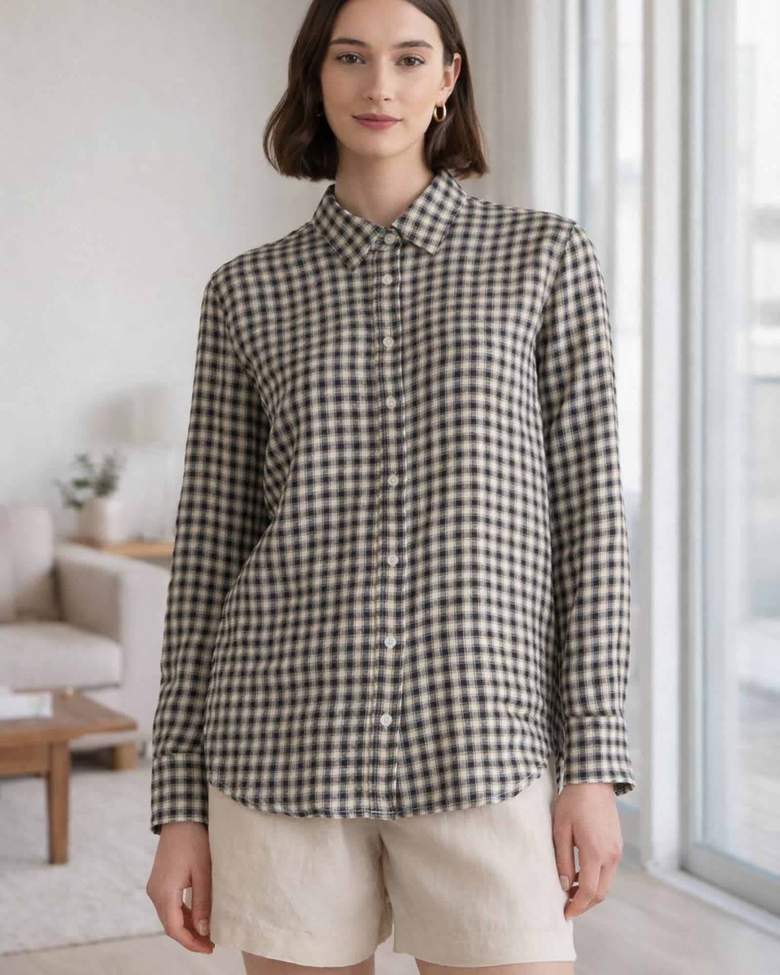 The European Linen Long Sleeve Shirt in Khaki / Black Gingham