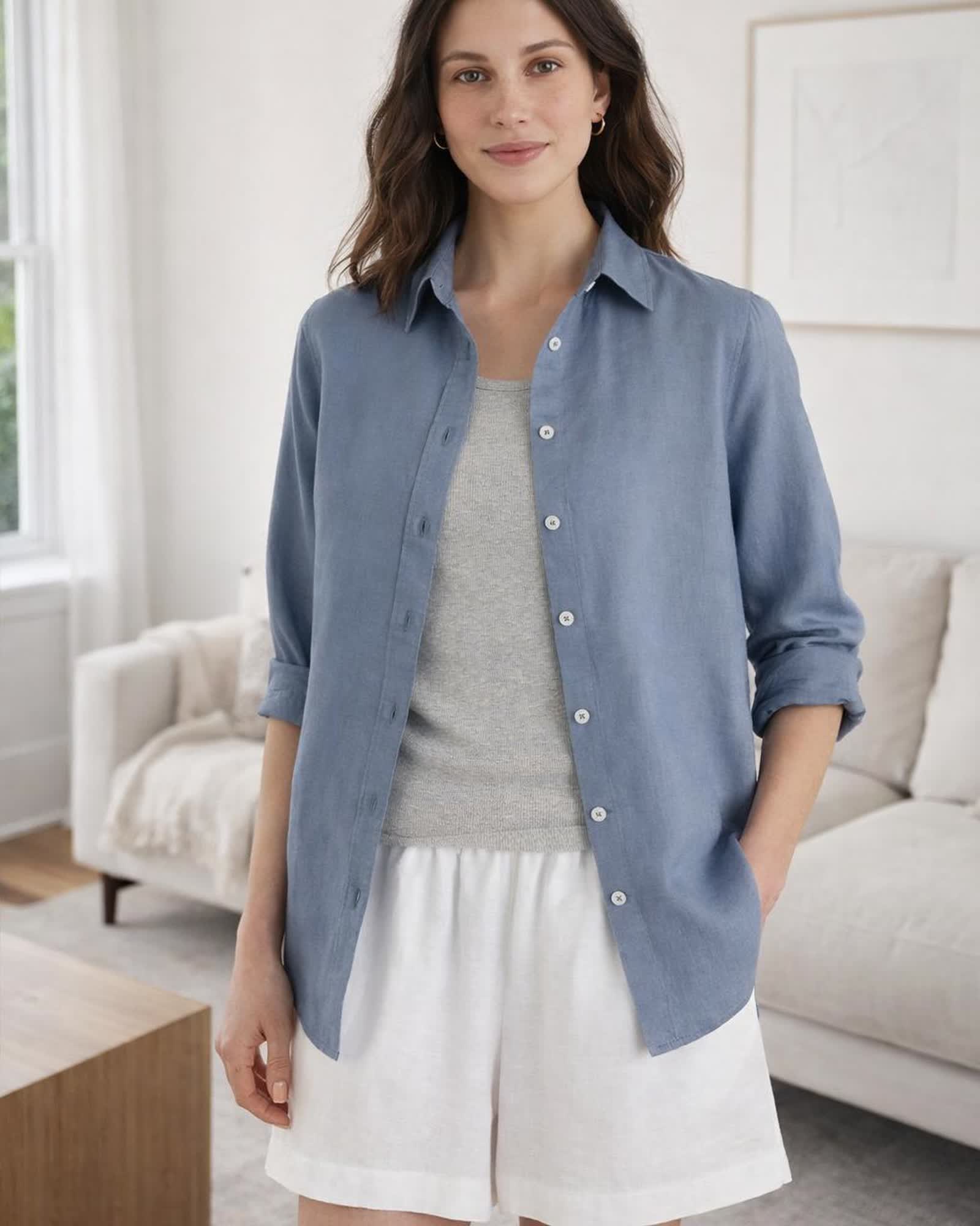 The European Linen Long Sleeve Shirt in Moonstone Blue