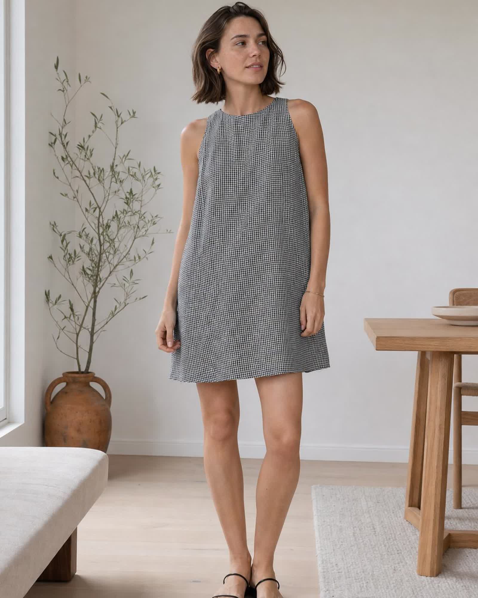 The European Linen Mini Dress in Classic Mini Gingham